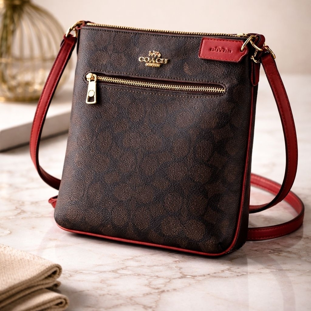 Coach Dark Brown and Red Crossbody Bag